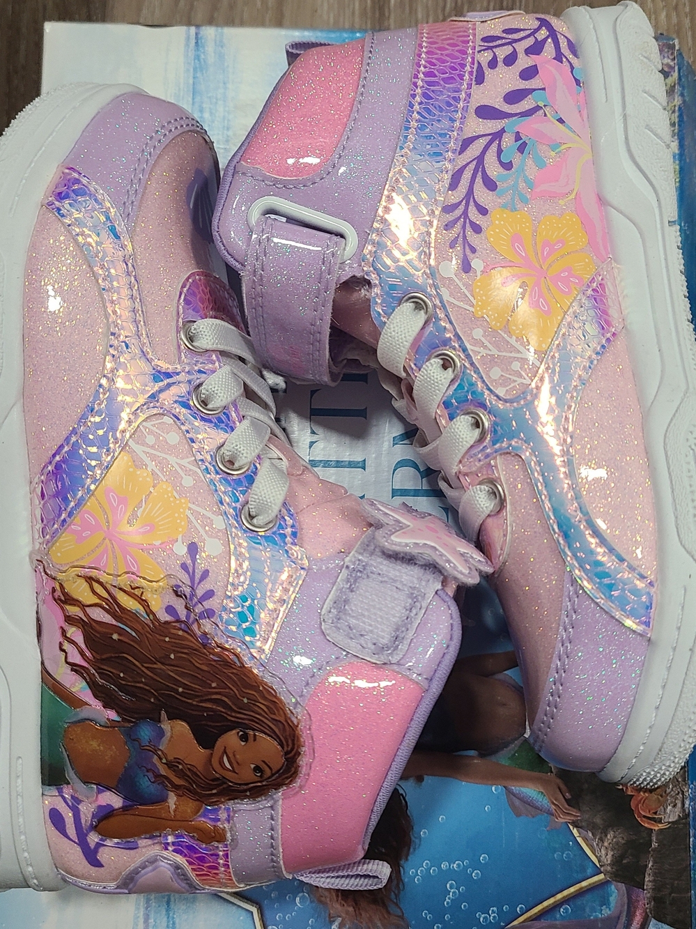 Kids Pink Glitter High-Top Sneakers with Floral & Mermaid Graphic